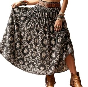 Bantu Vintage Black White Floral Boho Gauze Maxi Skirt